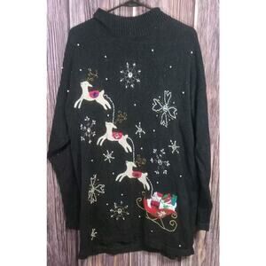 WOMEN'S STUDIO COLLECTION BLACK CHRISTMAS SWEATER SANTA REINDEER L XL